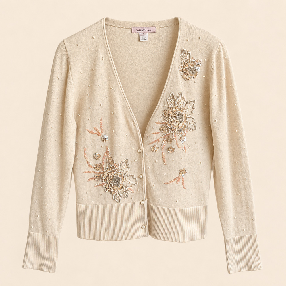 Intuitions Ivory Silk Blend Beaded Floral Sequin Cardigan Y2K Coquette M